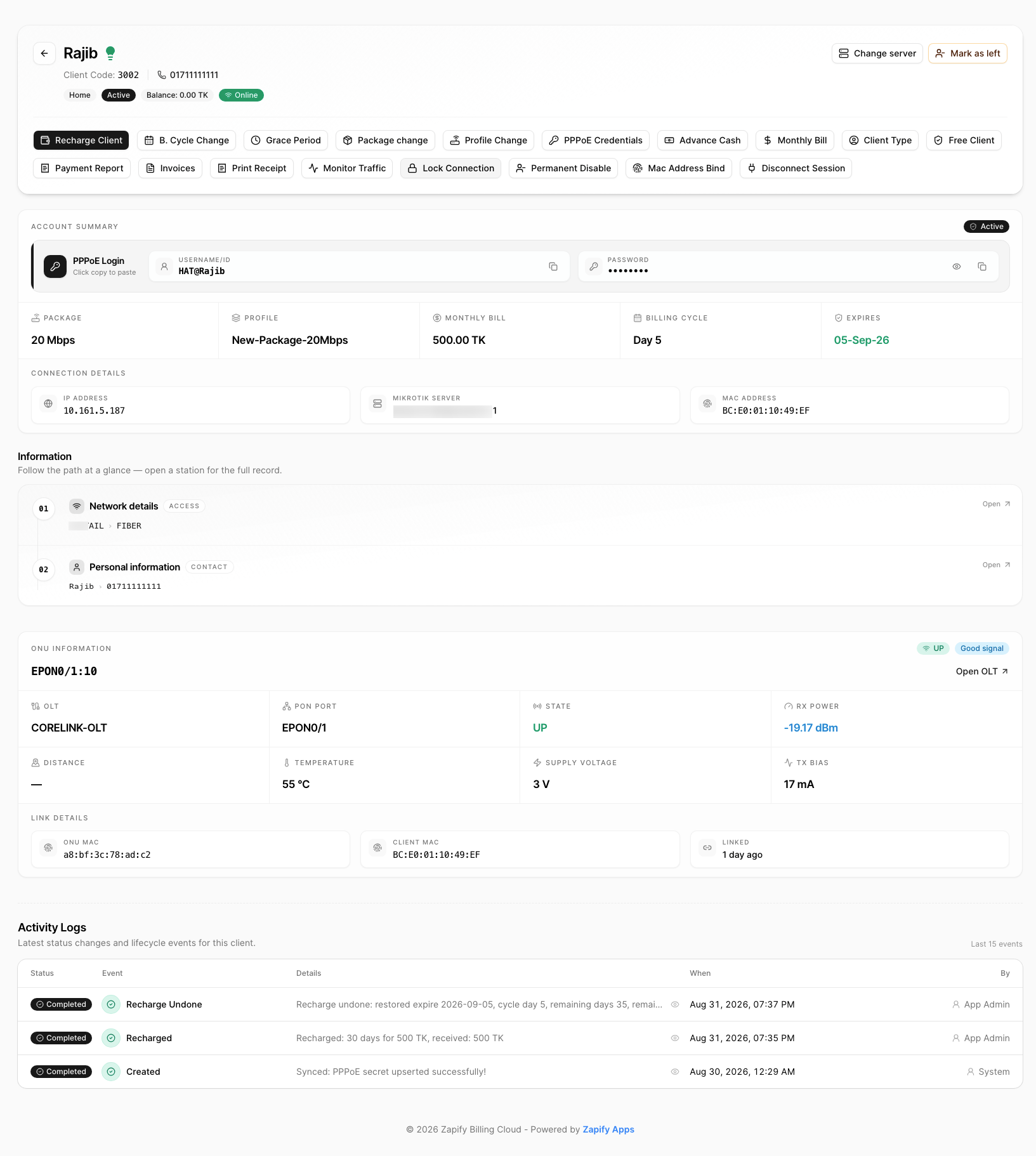 Client profile with PPPoE credentials, billing cycle, and ONU status