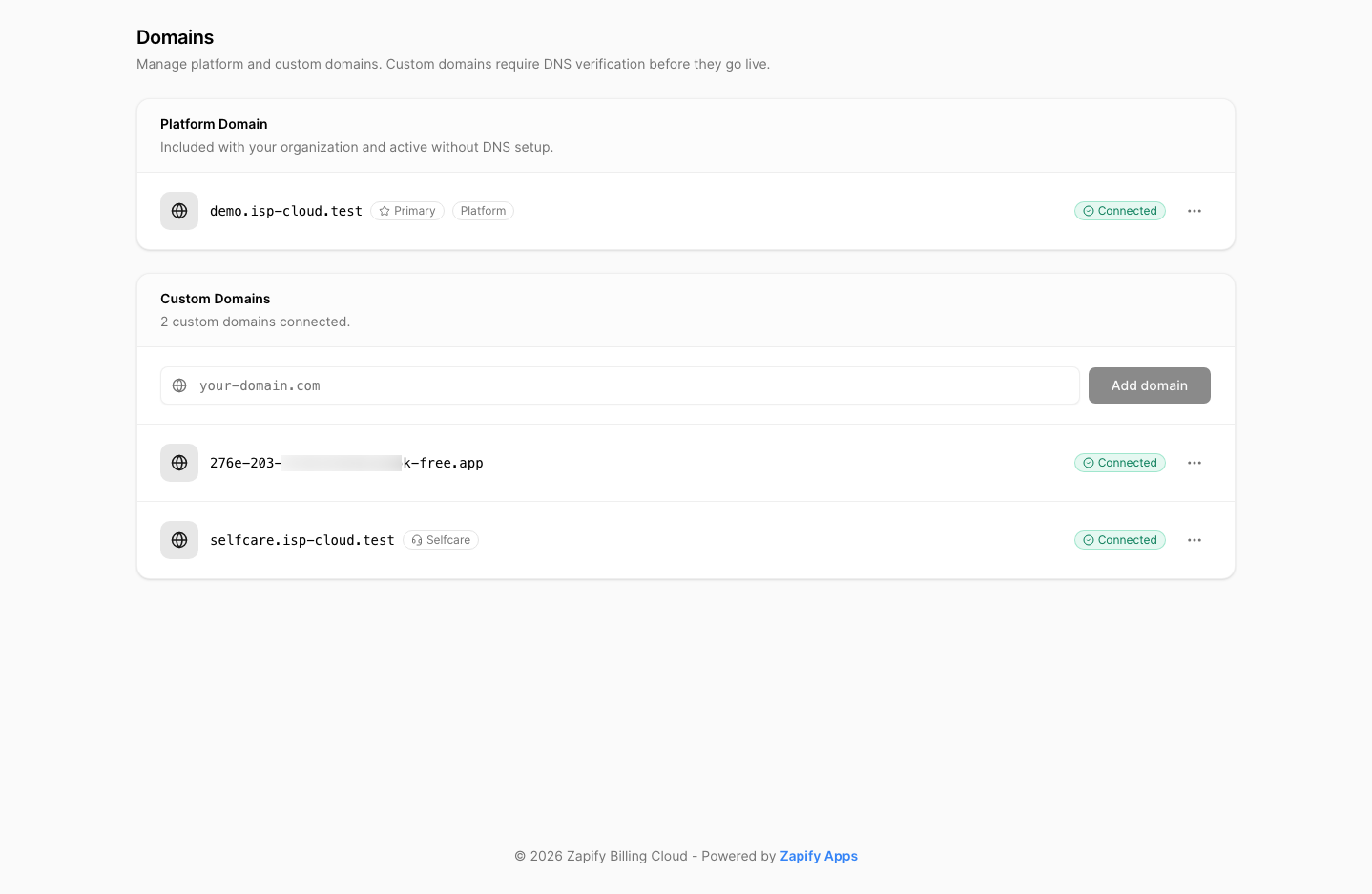 Domain management with platform and custom connected domains