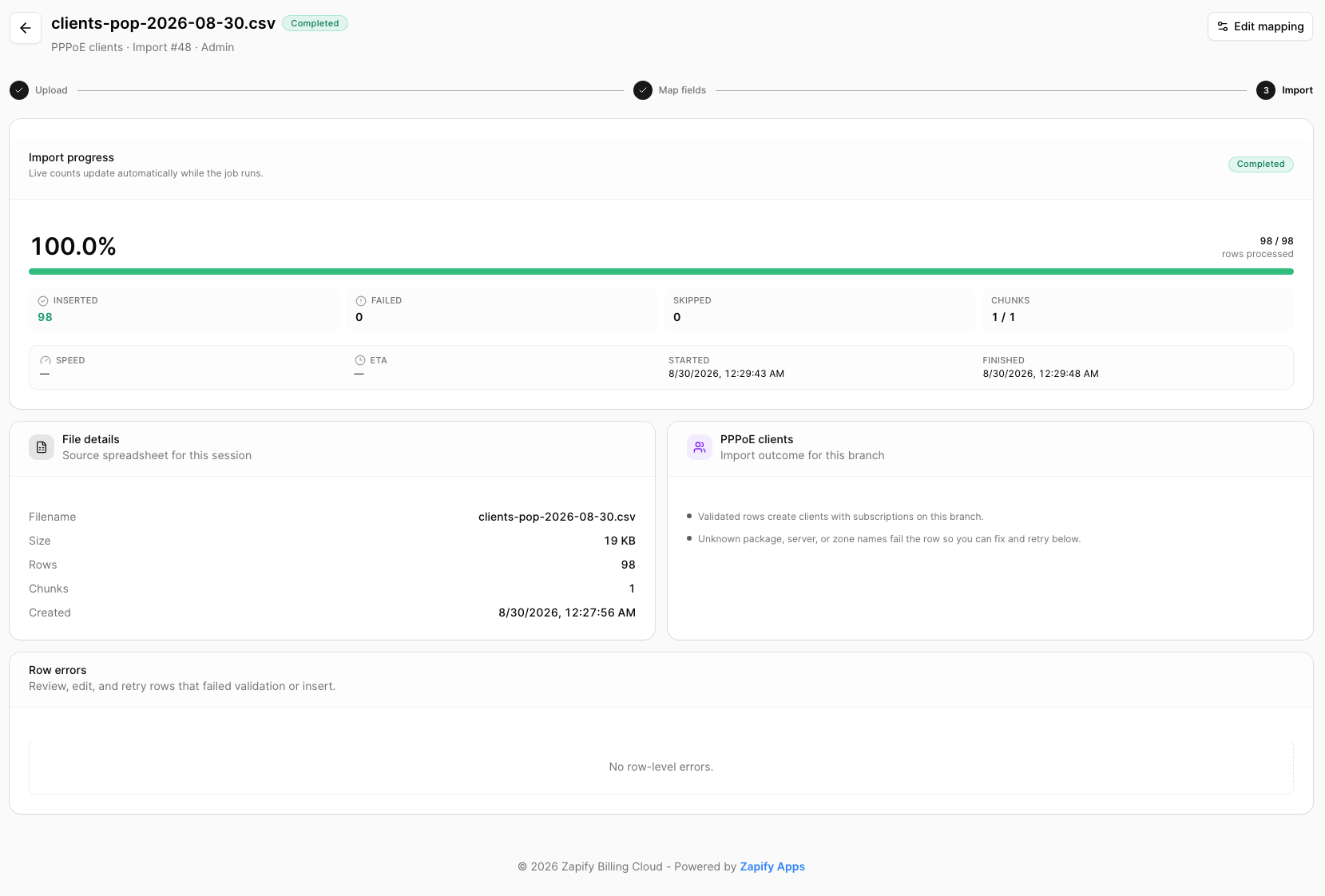 Smart Import progress screen showing completed client migration