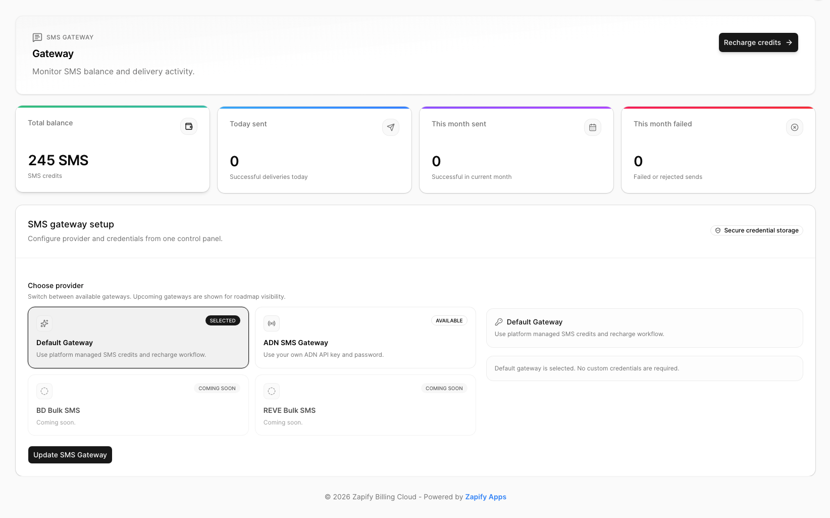 SMS gateway dashboard with balance and provider selection
