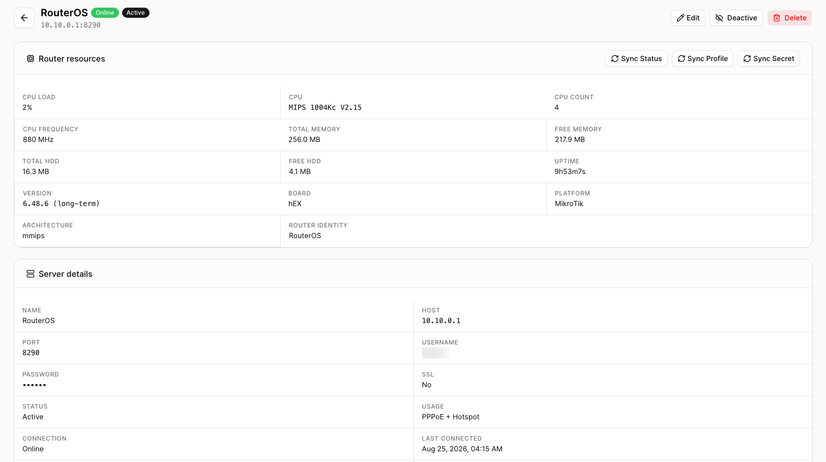 MikroTik server detail with CPU, memory, and connection status